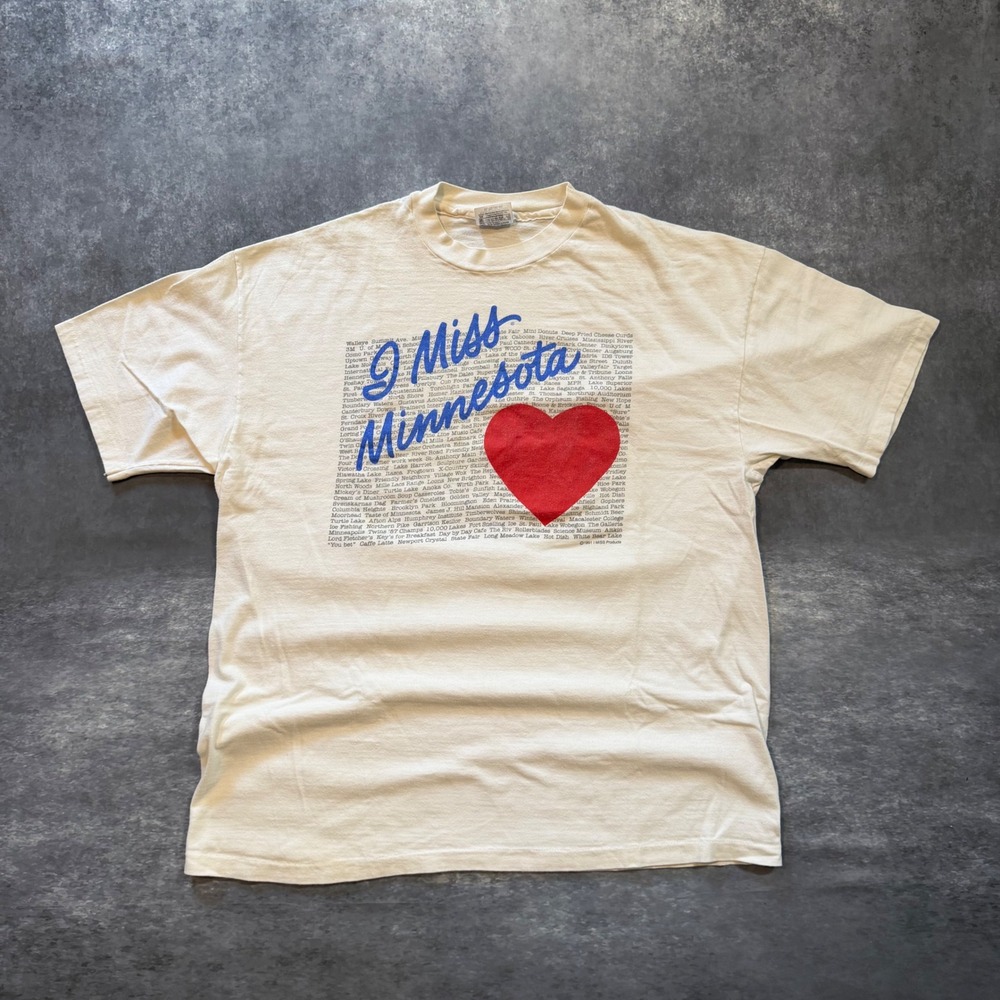 Vintage 1991 I Miss Minnesota Hanes Beefy T Shirt XL Single Stitch Cream 90s